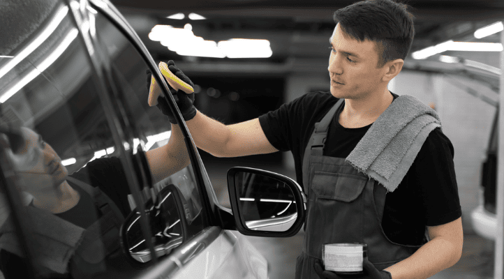 man removing water spots on dark car paint