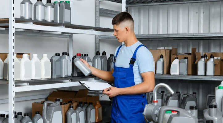 manager checking chemical inventory and labels of workshop supplies