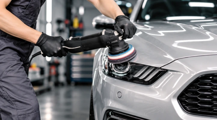 professional detailer buffing car paint near adas sensors with a polishing pad