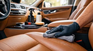 professional detailer using leather care products and accessories on a car seat