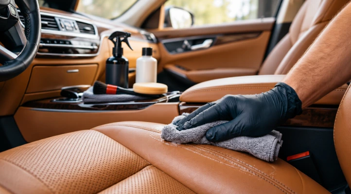 professional detailer using leather care products and accessories on a car seat